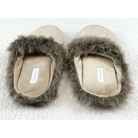 CHARTER CLUB • Cream/Brown Faux Fur Trimmed House Slippers - Picture 7 of 16